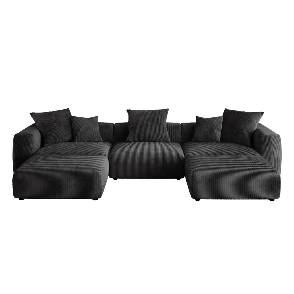 Modular Sectional Sofa, Corduroy U Shaped Sofa Couch with Chaise Ottomans - Black