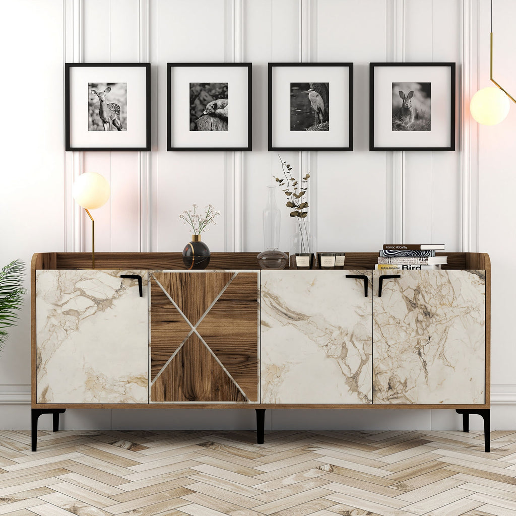 Console Table Venedik - Walnut, White Marble