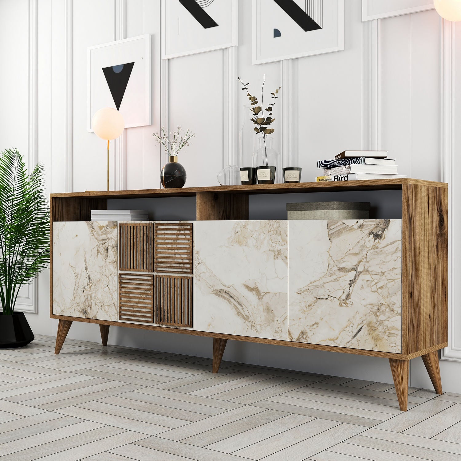 Console Table Milan - Walnut, White Marble