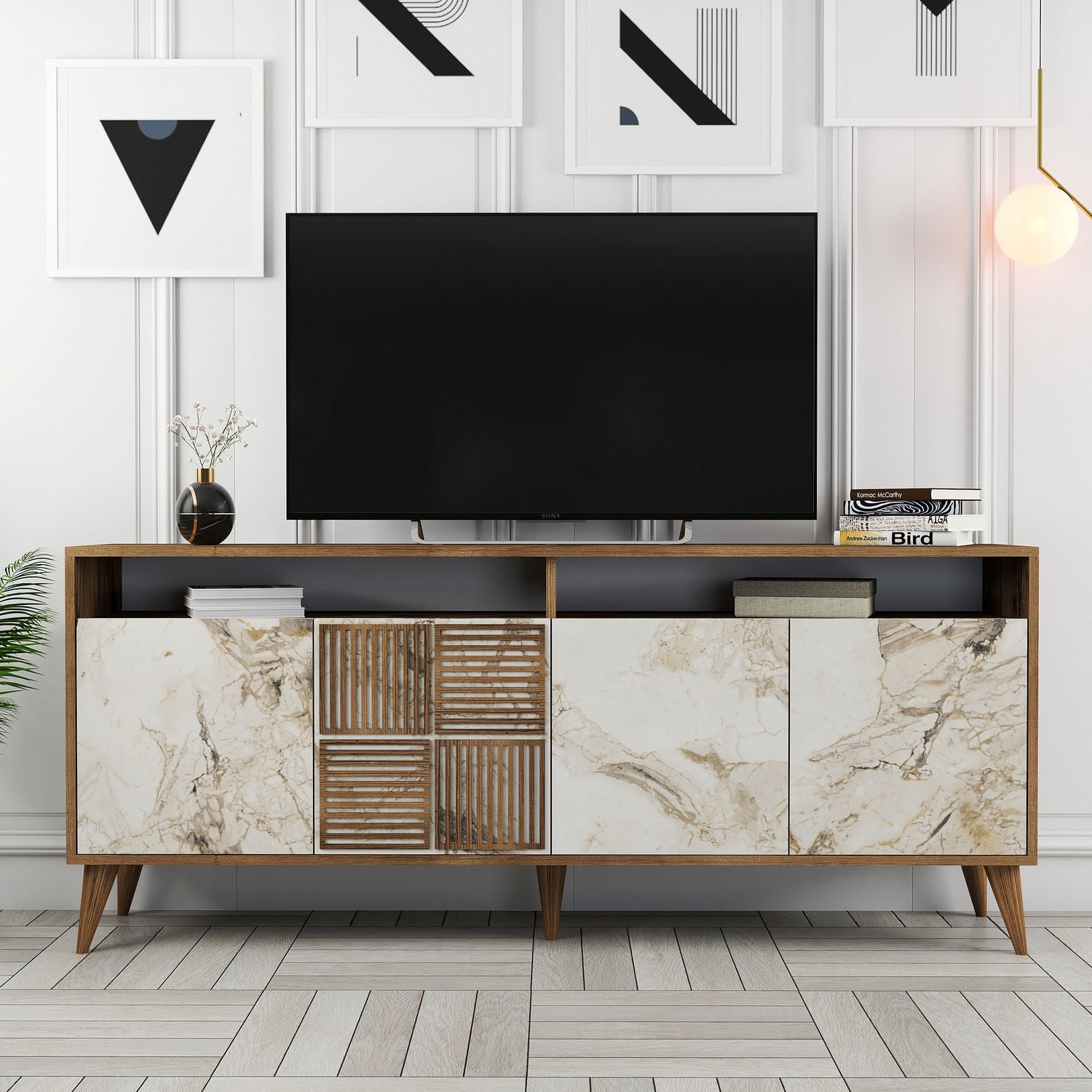 Console Table Milan - Walnut, White Marble