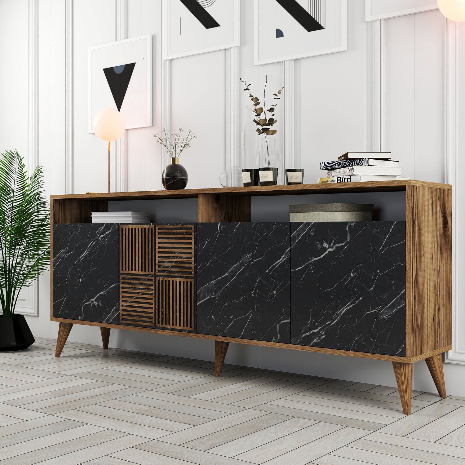 Console Table Milan - Walnut, Black Marble