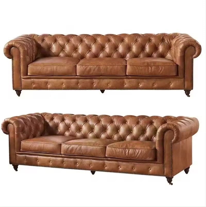 Genuine Leather Chesterfield 3 Seater - Tan Brown