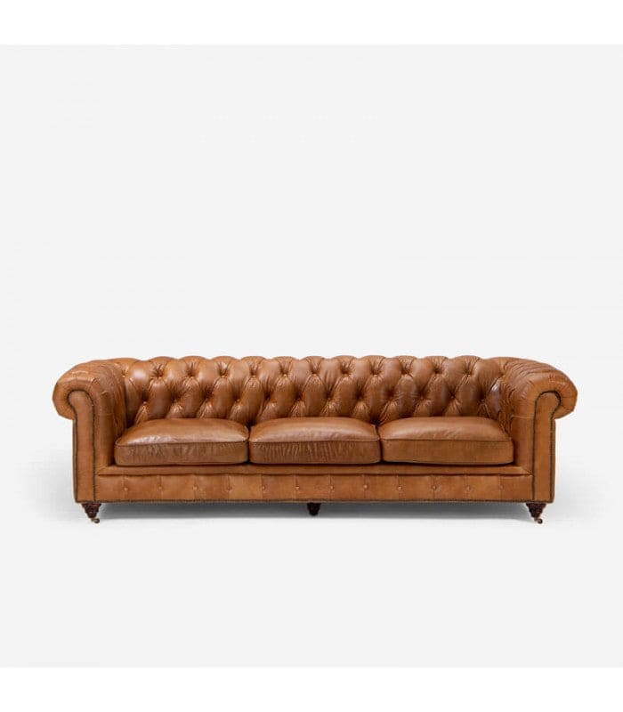 Genuine Leather Chesterfield 3 Seater - Tan Brown