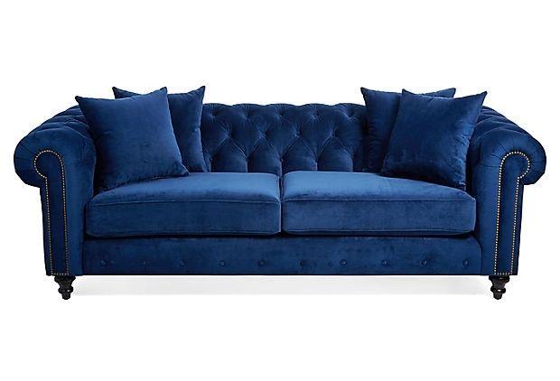 Modern Navy Blue Velvet 3 Seater Chesterfield Couch - Figure  It Out Furniture