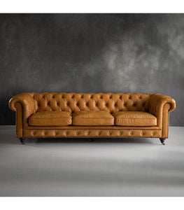 Genuine Leather Chesterfield 3 Seater - Tan Brown - Figure  It Out Furniture